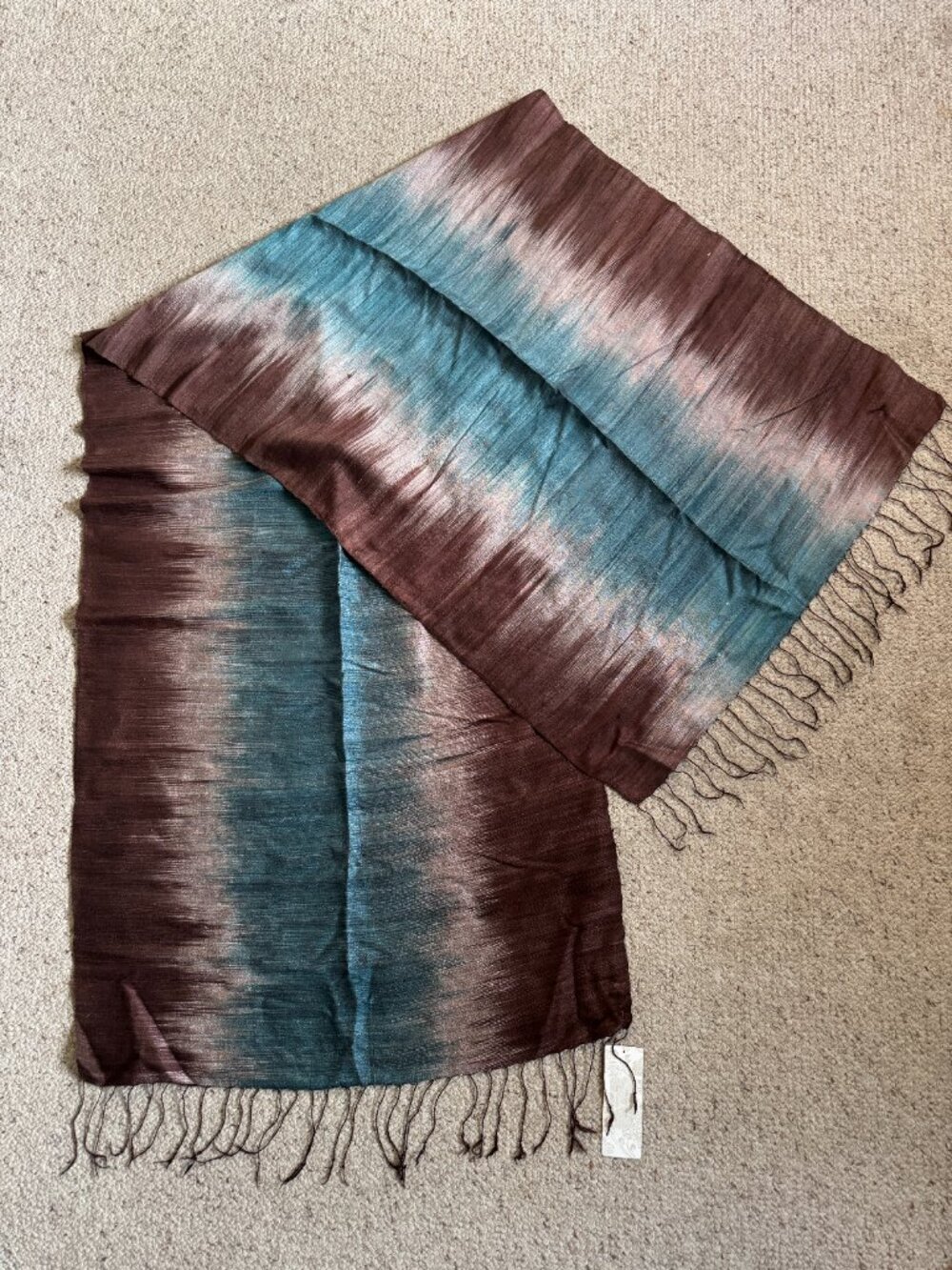 Peruvian Connection Silk Shawl Blue Brown 22" x 80" Medium Weight NWT